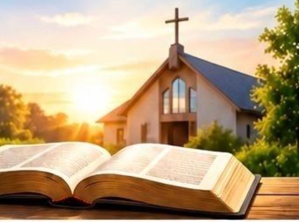 A church with a cross beside an open Bible at sunset